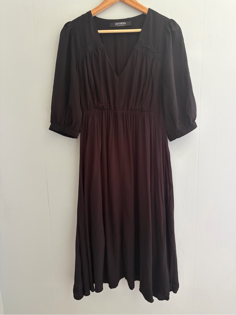 Disturbia Black Lace Midi Dress US 6 V-Neck Puff Sleeve Crochet Trim Alt Goth